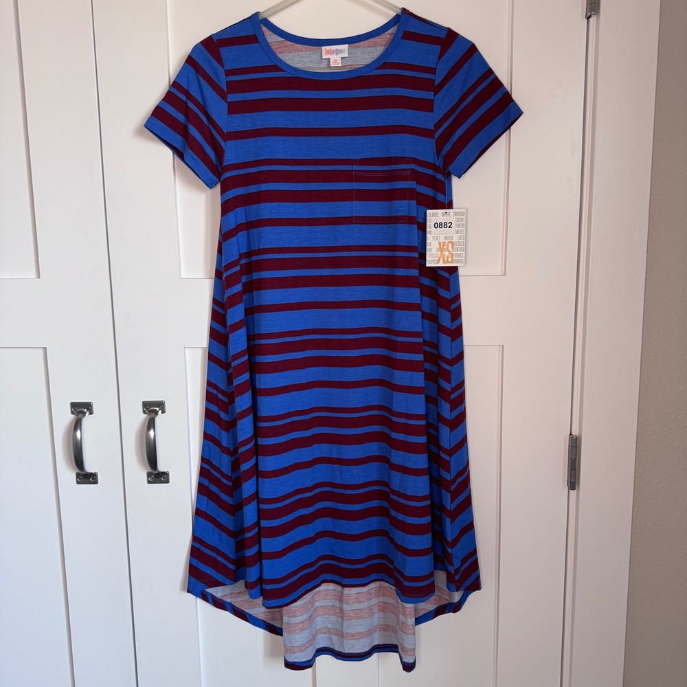 NWT LuLaRoe Carly Dress Women's Size XS Blue Stripes with Chest Pocket Hi Low